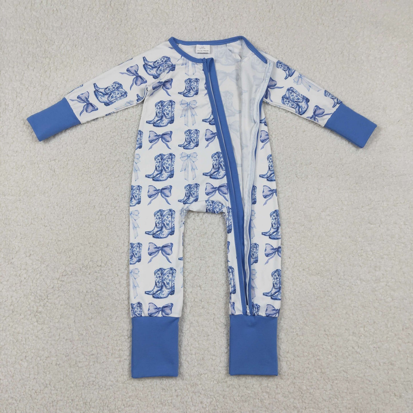 RTS NO MOQ（In Stock ) Boots and Bow Pattern Blue and White Zipper Long-Sleeve Jumpsuit