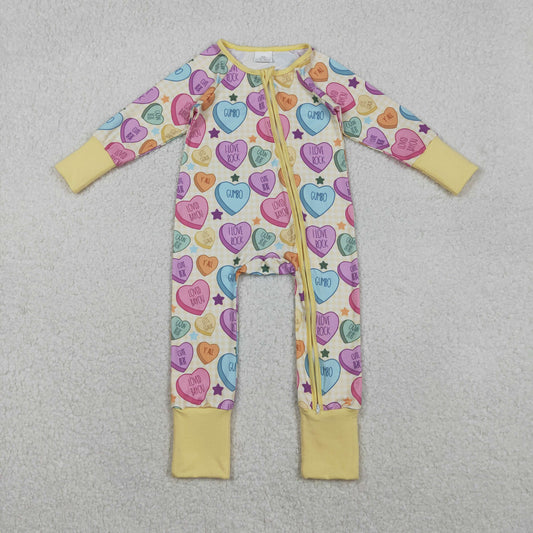 RTS NO MOQ（In Stock ) LR2778 Valentine's Day Letter Heart Beige Zipper Long-Sleeved Onesie