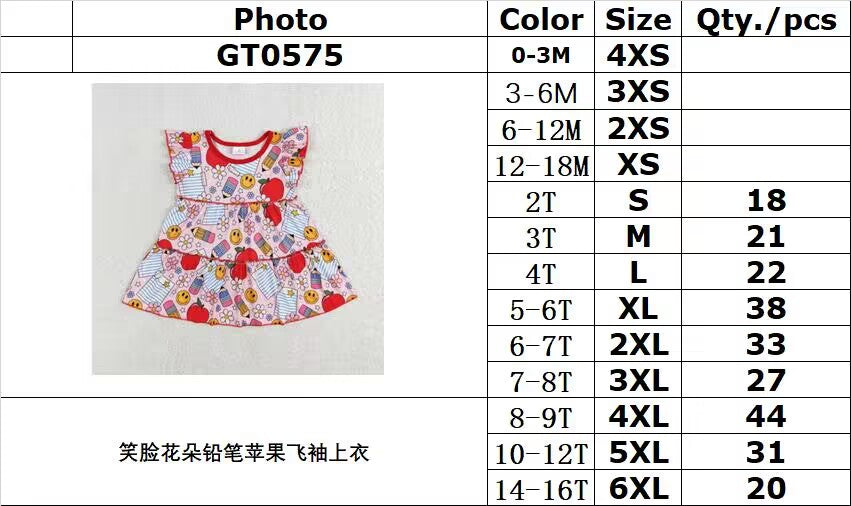 rts no moq GT0575 Smiley face flower pencil apple flying sleeve top