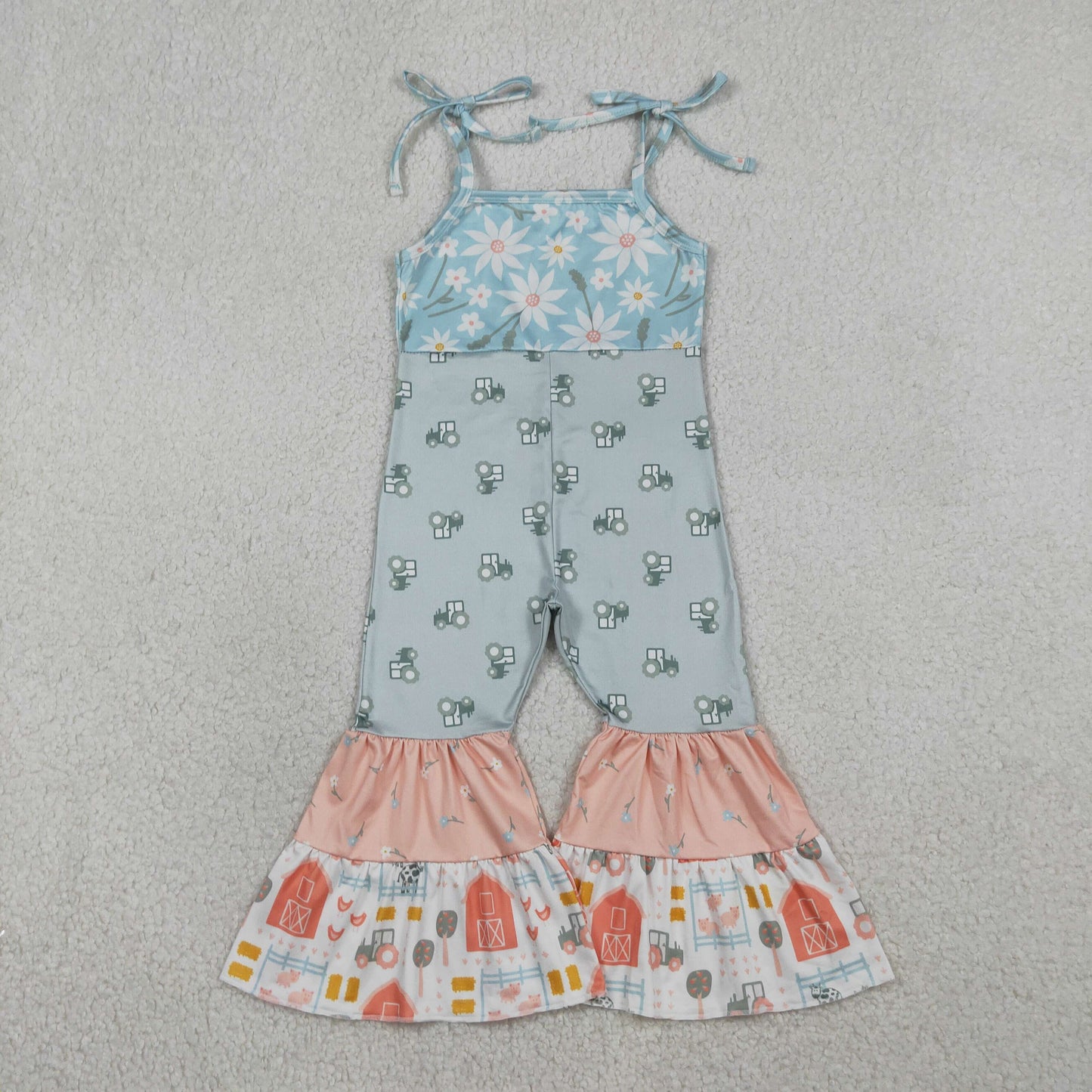 RTS NO MOQ（In Stock）SR3587 Floral Tractor Red House Patchwork Suspender Jumpsuit