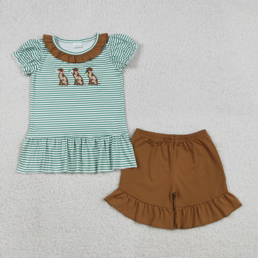 RTS NO MOQ（In Stock) Embroidered Duck Dalmatian Brown Lace Green Striped Short-Sleeve Shorts Set