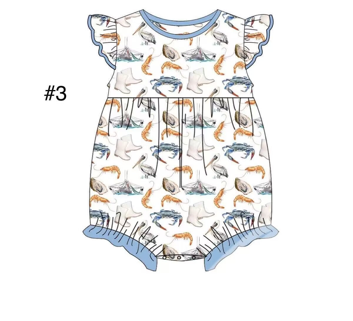 custom moq 5 eta 6-7 weeks baby girls clothes crayfish blue flying sleeves summer romper