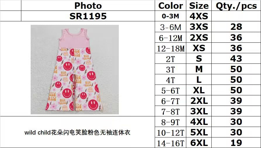 SR1195 wild child flower lightning smiley pink sleeveless jumpsuit