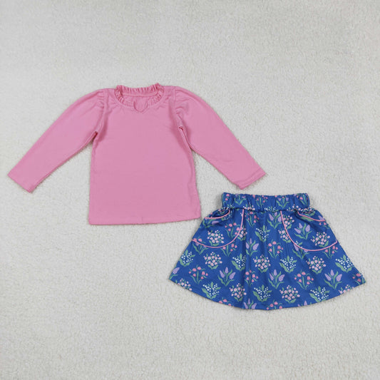 RTS NO MOQ（In Stock) GLD1256 Pure pink long-sleeved floral blue skirt set
