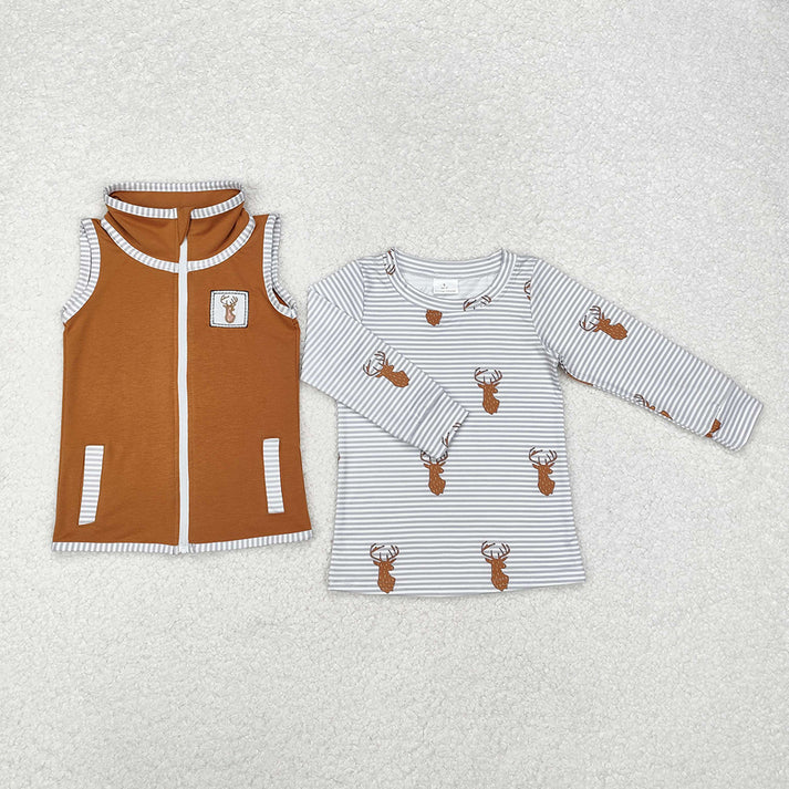 RTS NO MOQ Baby Boys and Girls Brown Elk Embroidered Sleeveless Zipper Vest + Grey Striped Long Sleeve Top Two-Piece Set