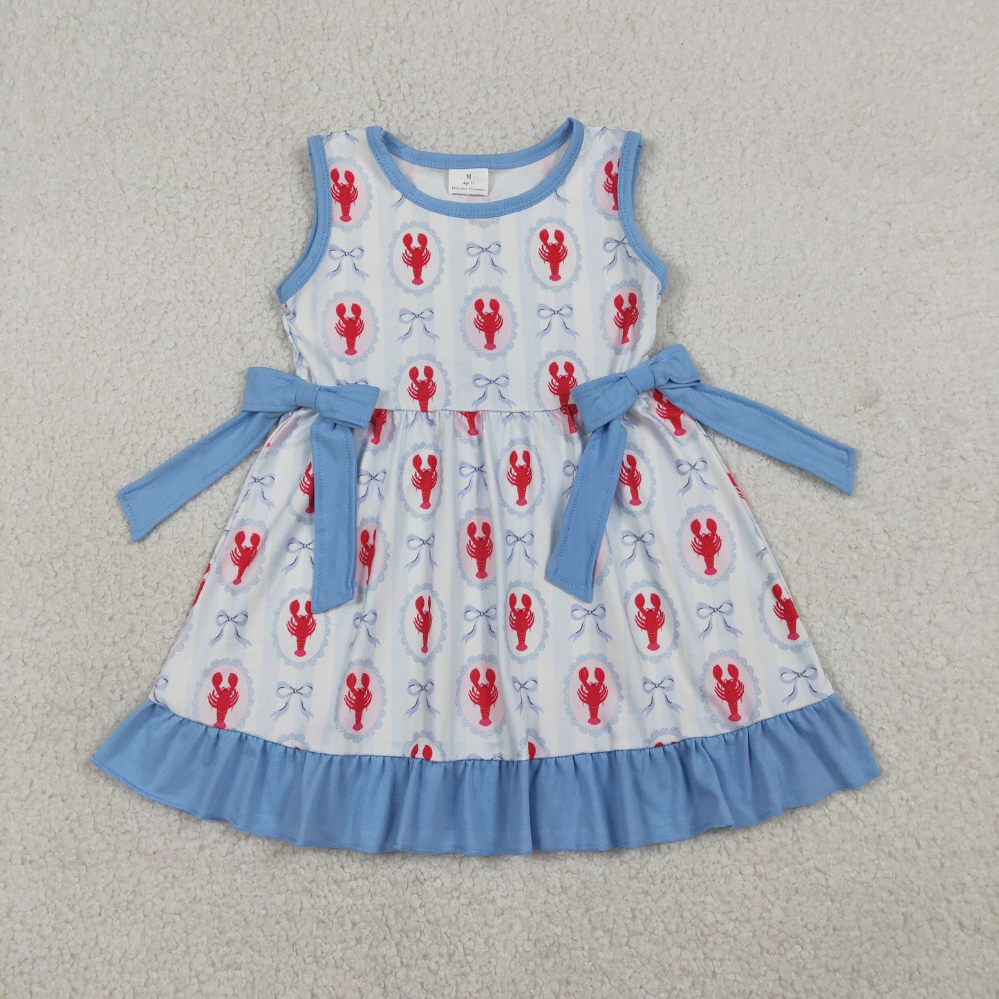 RTS NO MOQ（In Stock ) GSD3448 Blue striped sleeveless dress with lobster and bow pattern