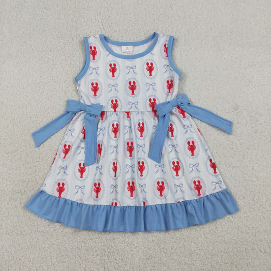 RTS NO MOQ（In Stock ) GSD3448 Blue striped sleeveless dress with lobster and bow pattern