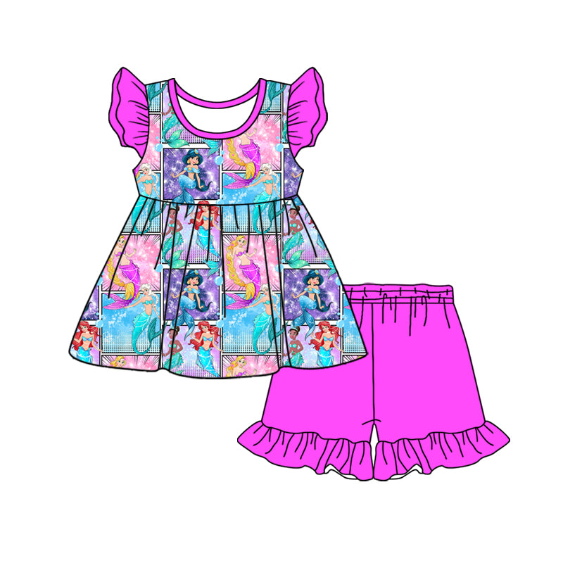 Custom moq 3 eta 7/8week moq 5 eta /4/5week baby girl clothes cartoon flying Sleeve Top Shorts Set