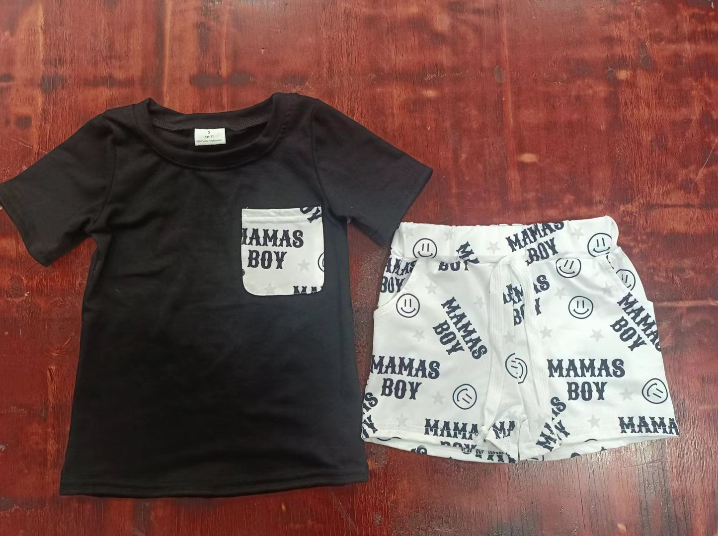 custom moq 5 eta 5weeks mix size summer boys clothes MAMA BOY black short sleeve shorts sets