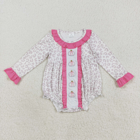 RTS NO MOQ（In Stock) LR2220 Embroidery Leopard Pumpkin Bow Pink Lace Long Sleeve Onesie