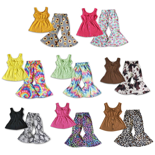 RTS NO MOQ C16-4; Cotton top bow cotton top set Yellow strap top, sunflower striped flared pants suit