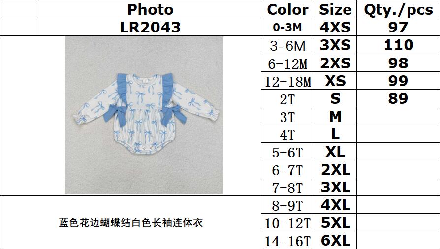 RTS NO MOQ ETA 5/7days arrived LR2043 Blue Lace Bow White Long Sleeve Bodysuit