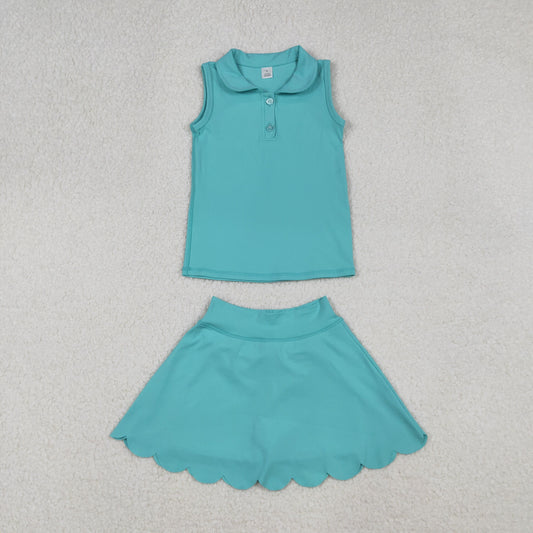 RTS NO MOQ（In Stock) GSD2349 Solid teal sleeveless skirt yoga set with a pop of color