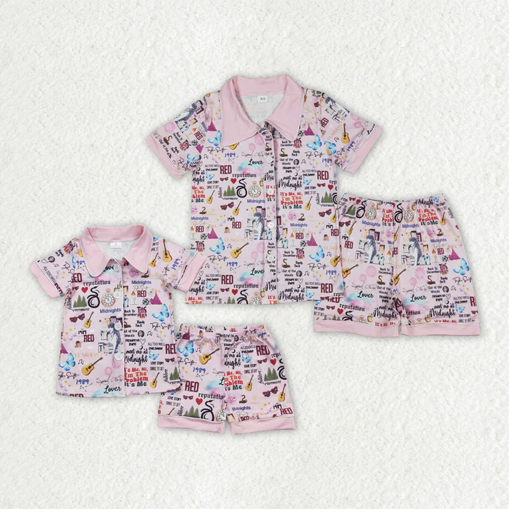 RTS NO MOQ Adult Girls Button Taylor swift Short Sleeve Shorts Pajama Set & kids shorts sets