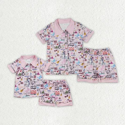 RTS NO MOQ Adult Girls Button Taylor swift Short Sleeve Shorts Pajama Set & kids shorts sets