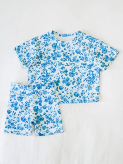 deadline June 6  baby kids pajamas Sunflower Blue Flower Short Sleeve Shorts Set