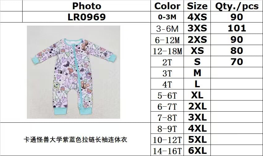 rts no moq LR0969 Cartoon Monsters University purple blue zipper long-sleeved jumpsuit