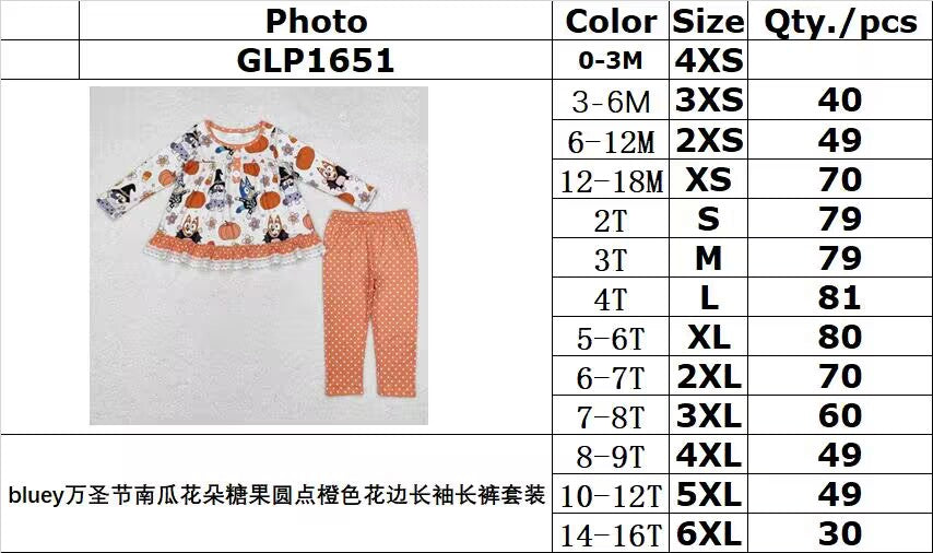 rts no moq GLP1651 bluey Halloween pumpkin flower candy polka dot orange lace long-sleeved trousers set