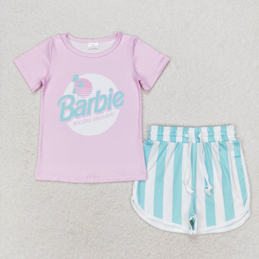 RTS no moq GSSO1168 Barbie pink short-sleeved striped shorts set
