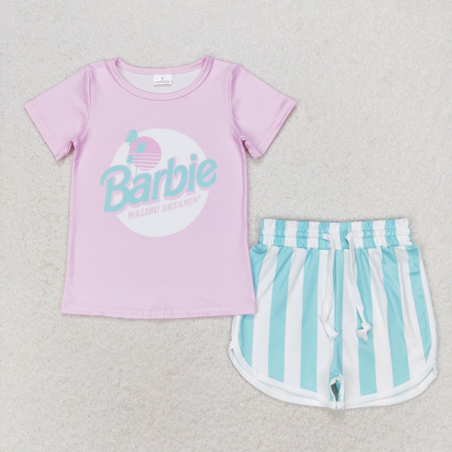 RTS no moq GSSO1168 Barbie pink short-sleeved striped shorts set