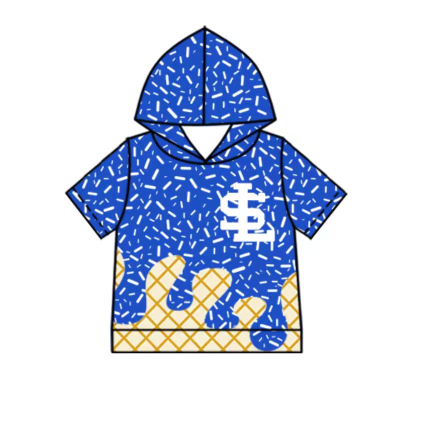 Custom moq 5 mix size milk silk summer teams baby boys clothes blue hooded short sleeve shorts sets and top and shorts
