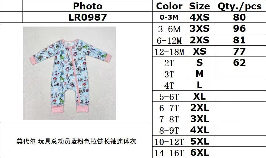 bamboo rts no moq LR0987 Modal Toy Story blue and pink zipper long-sleeved jumpsuit