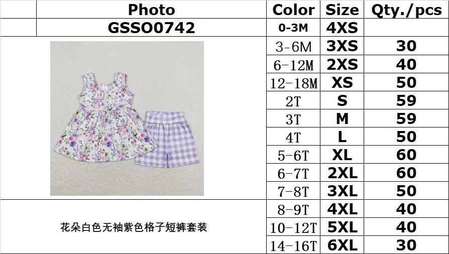 GSSO0742 Floral white sleeveless purple plaid shorts suit