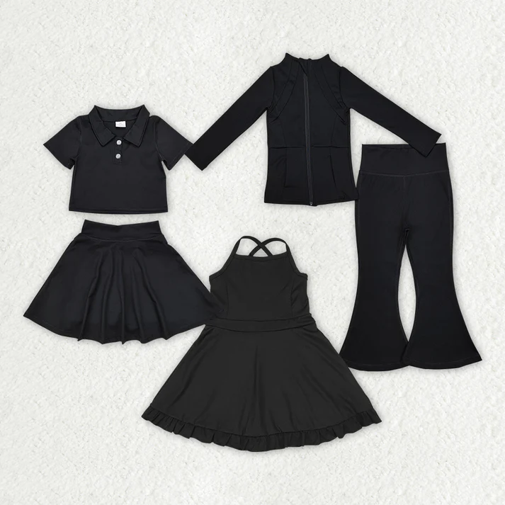 RTS NO MOQ Pure black yoga wear series mixed suit: short skirt suit & long sleeve suit & suspender dress