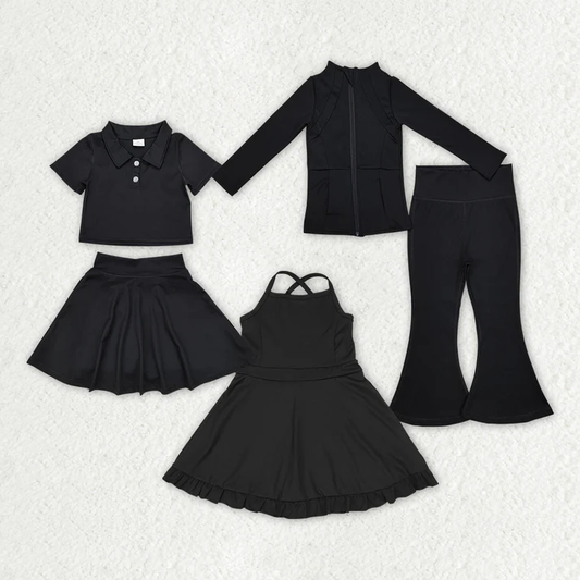 RTS NO MOQ Pure black yoga wear series mixed suit: short skirt suit & long sleeve suit & suspender dress