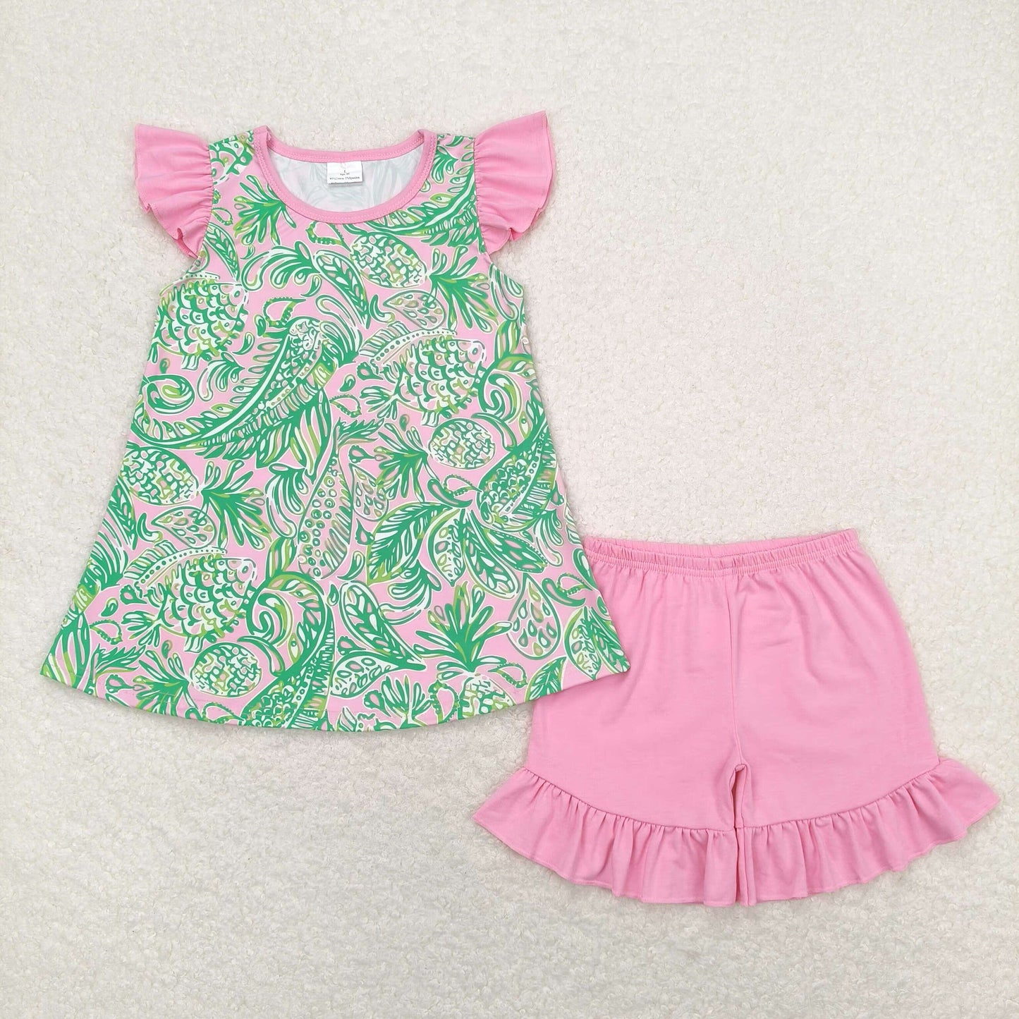 RTS no moq GT0561+SS0271 Seaweed pattern pink and green flying sleeve top Pink one layer lace shorts