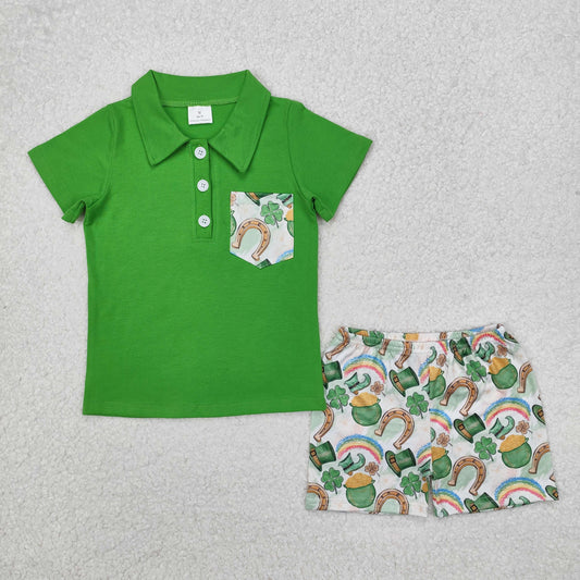 RTS NO MOQ ETA 5/7days Arrived BSSO1165 Four-leaf clover gold coin rainbow hat pocket green short sleeve shorts set