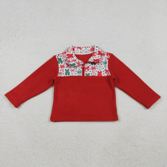 RTS NO MOQ（In Stock) fleece GT1150 Red and Green Bow Pattern Plush Zippered Long-Sleeved Top