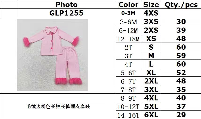 RTS NO MOQ ETA 5/7days arrived GLP1255 Pink long-sleeved trousers pajamas set with plush edges