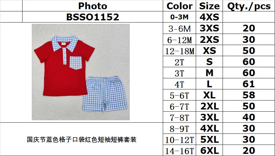 RTS NO MOQ ETA 5/7days Arrived BSSO1152 National Day blue plaid pocket red short-sleeved shorts suit