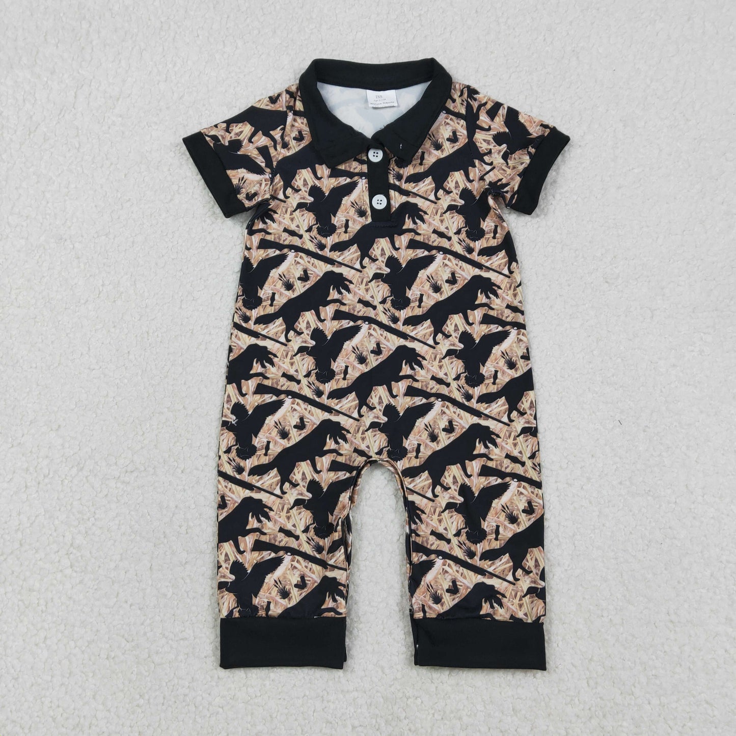 RTS NO MOQ（In Stock ) SR3637 Duck Puppy Branch and Leaf Button Collar Short-Sleeved Jumpsuit