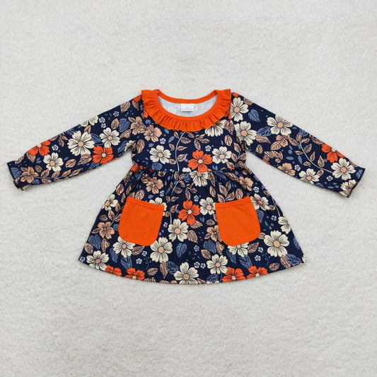 rts no moq GT0691 Flower orange lace pocket navy blue long-sleeved top