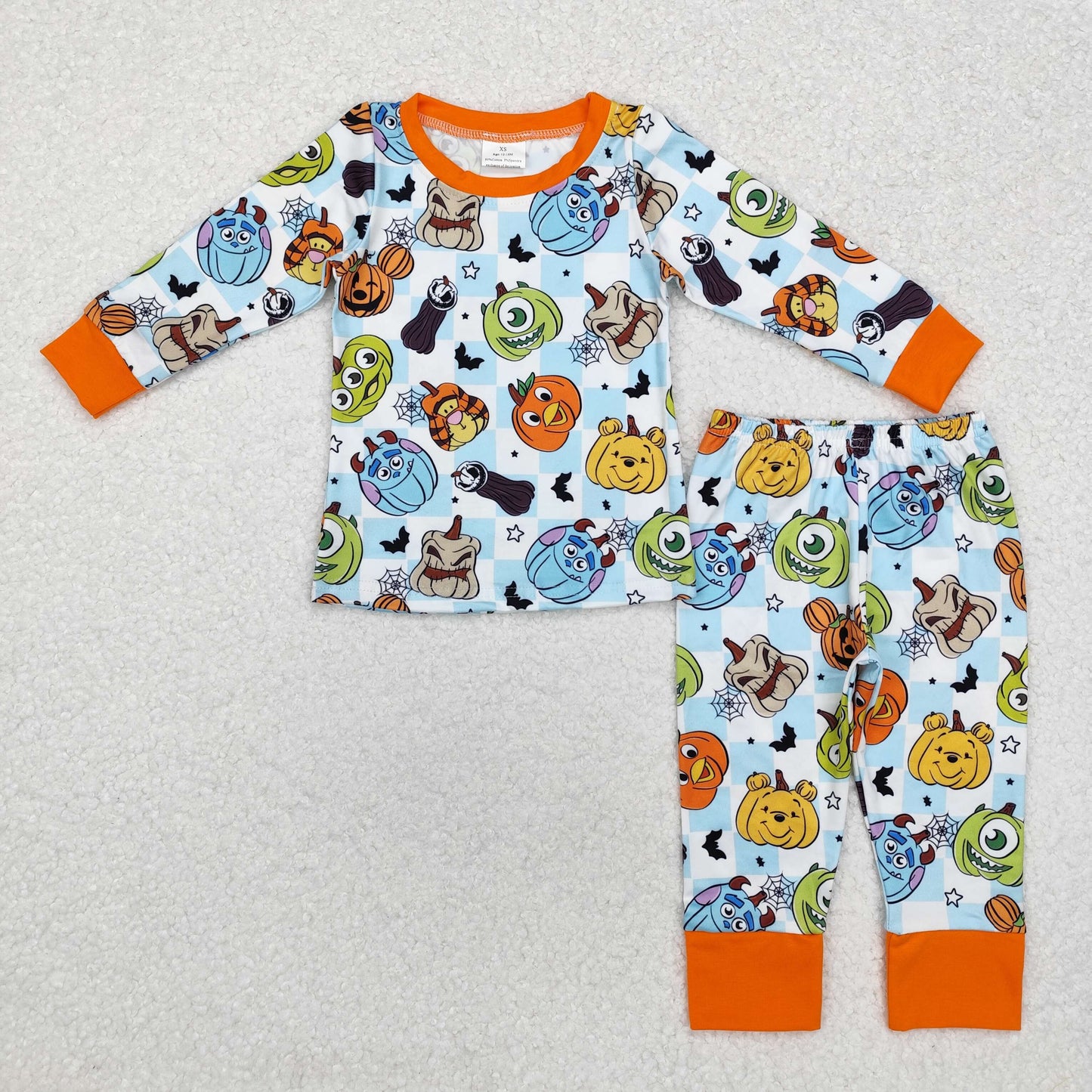 RTS NO MOQ ETA 5/7days BLP0809 Halloween Monsters University orange edge blue and white plaid long sleeve trousers pajama set