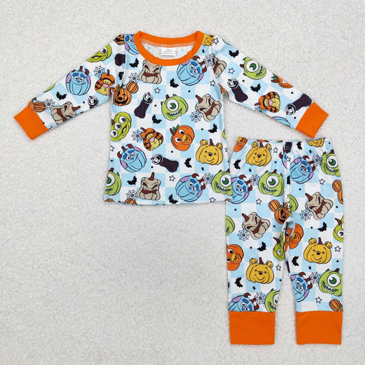 RTS NO MOQ ETA 5/7days BLP0809 Halloween Monsters University orange edge blue and white plaid long sleeve trousers pajama set