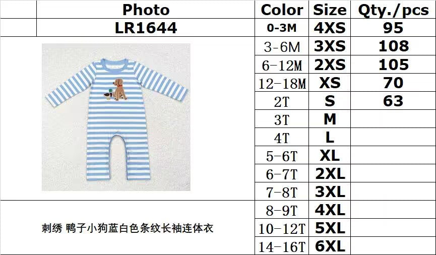 RTS NO MOQ ETA 5/7days arrived LR1644 Embroidered duck puppy blue and white striped long-sleeved jumpsuit