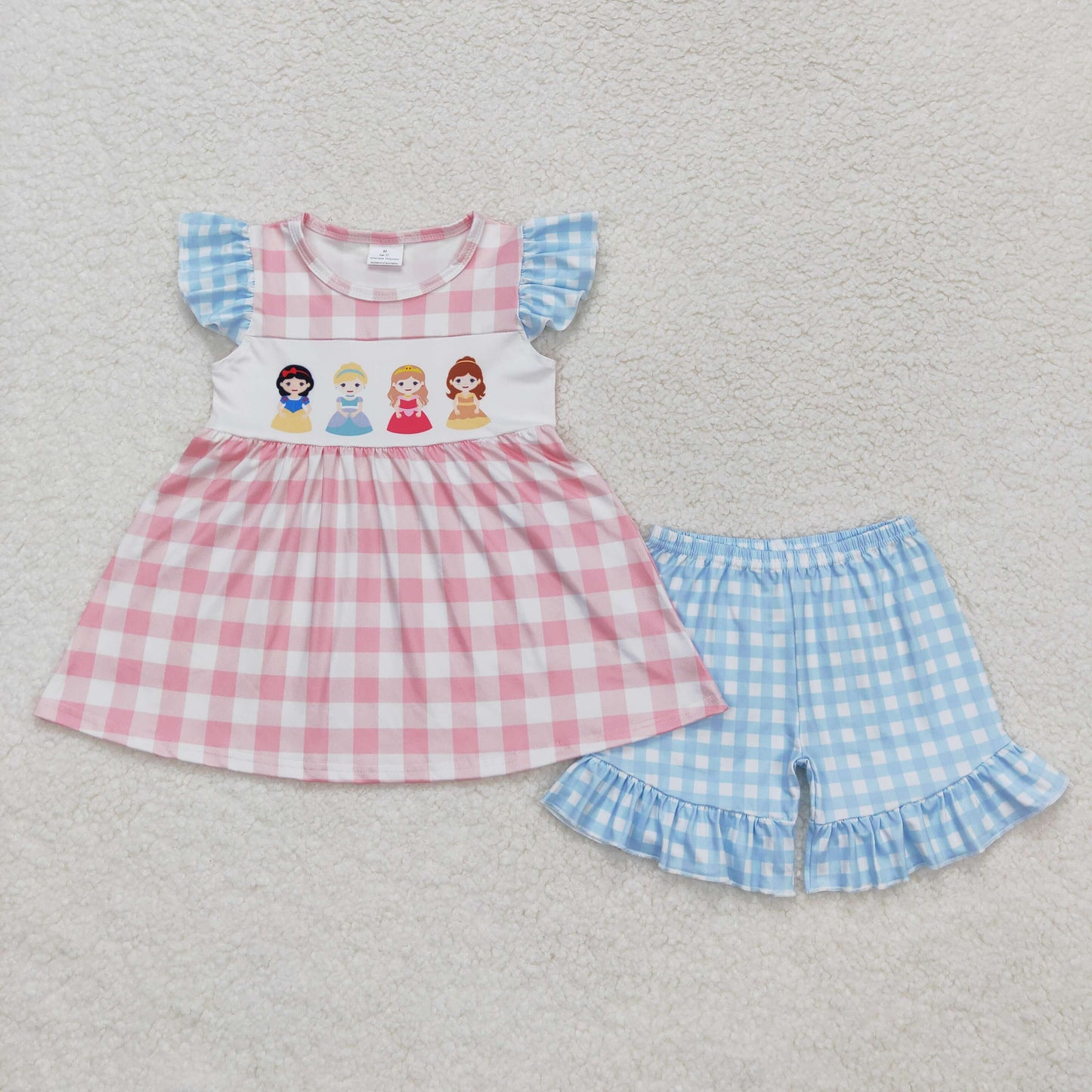 GSSO0692 Cartoon Pink Blue Plaid Fly Sleeve Shorts Set