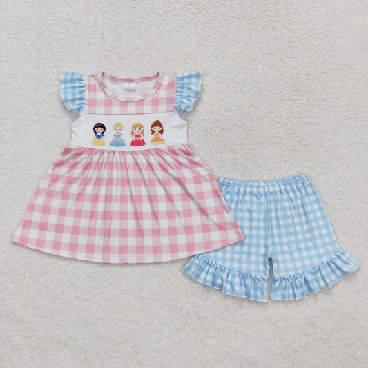 GSSO0692 Cartoon Pink Blue Plaid Fly Sleeve Shorts Set