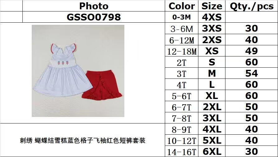 rts no moq GSSO0798 Embroidery bow ice cream blue plaid flying sleeves red shorts suit