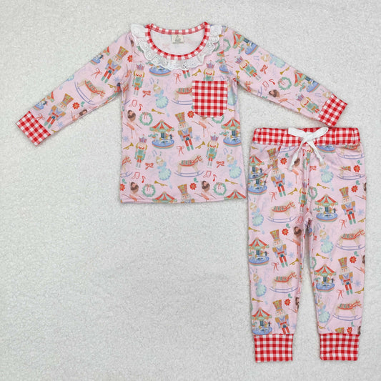 BAMBOO RTS NO MOQ ETA 5/7days GLP1271 Modal Christmas nutcracker plaid pocket pink long-sleeved pants pajamas set