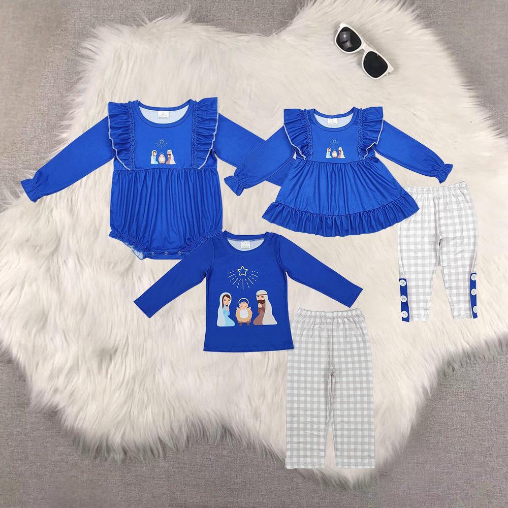 RTS NO MOQ Sibling baby girls baby boys clothes jesus blue long-sleeved trousers suit & romper