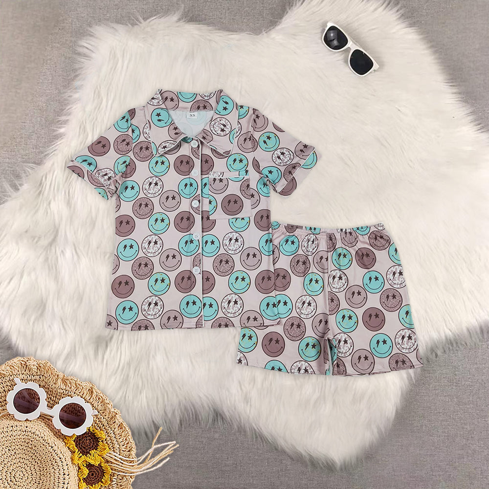 RTS NO MOQ Adult Girls smiley Short Sleeve Shorts Pajama Set & kids shorts sets