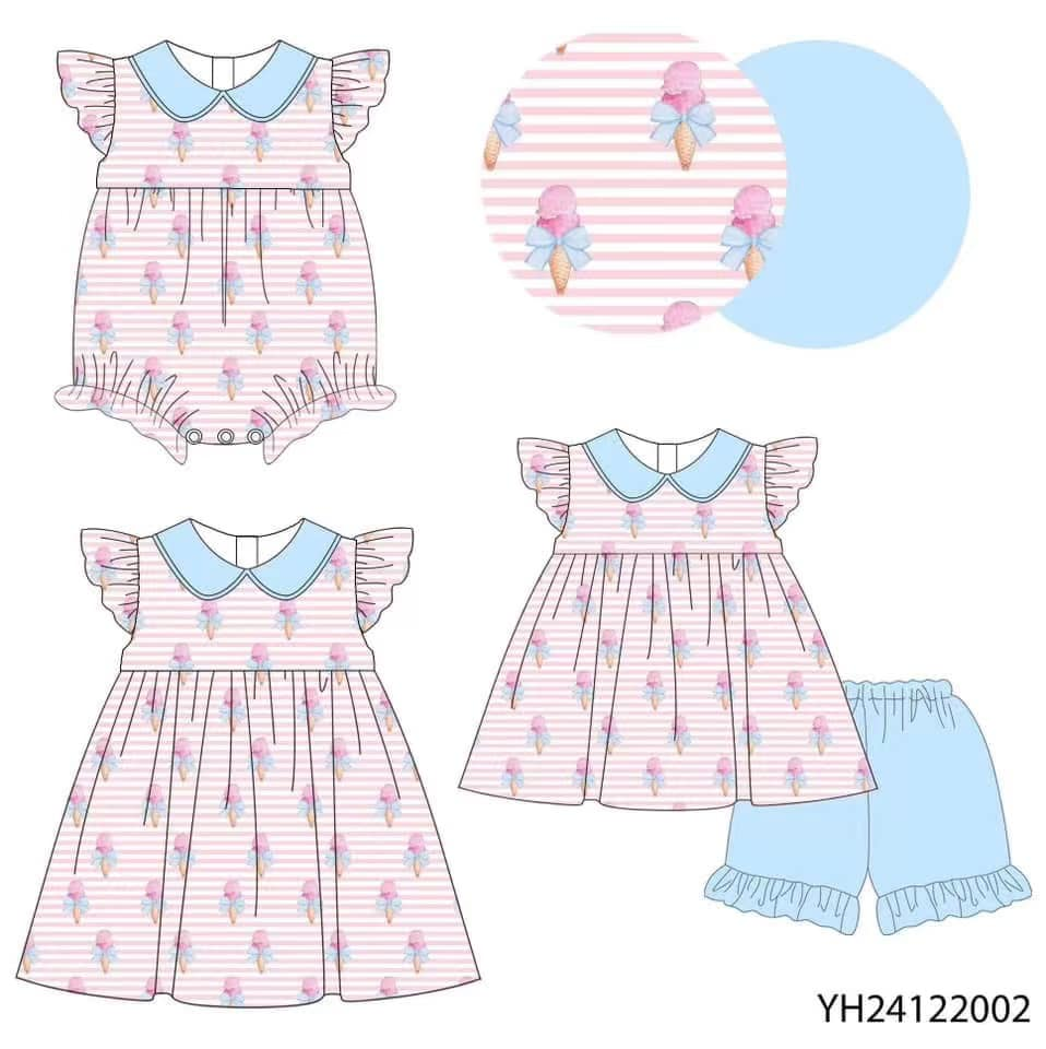 Custom summer baby girls clothes ice cream short sleeve shorts sets dress romper