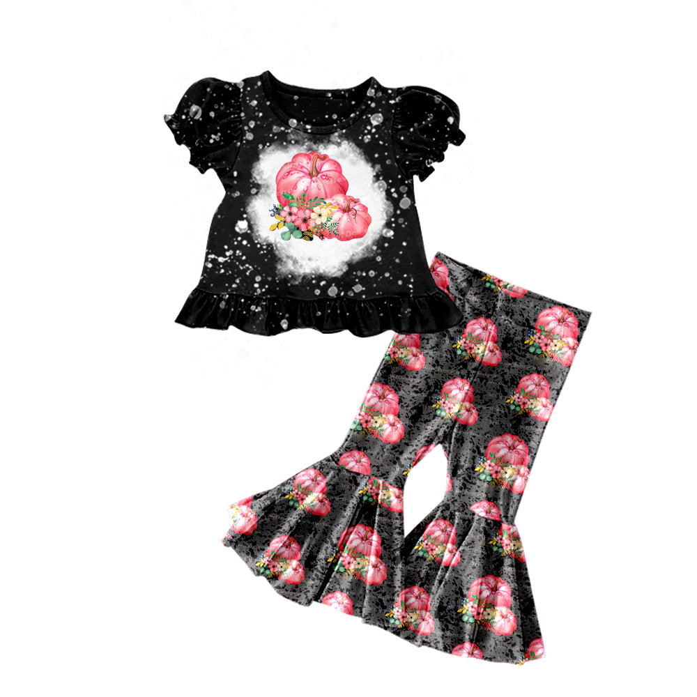 5.1custom each style moq 5eta 4-5week red pumpkin flower prints black jumpsuit and black top with bell-bottom pants and red lace black dress girls outfits