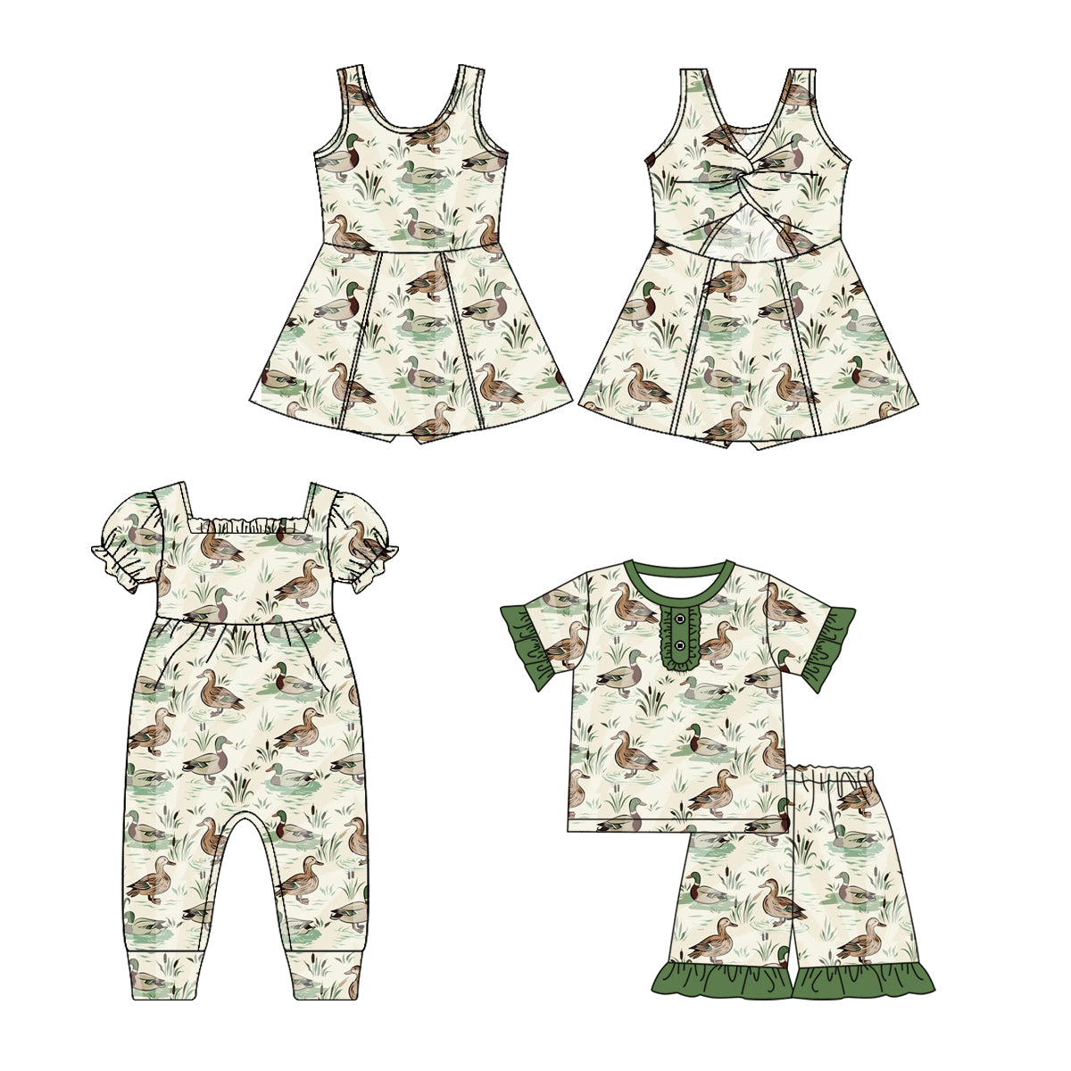 2.14 custom each style moq 5eta 4-6week Sibling Sisters duck baby girl short sleeve shorts sets and dress and rompers match family design