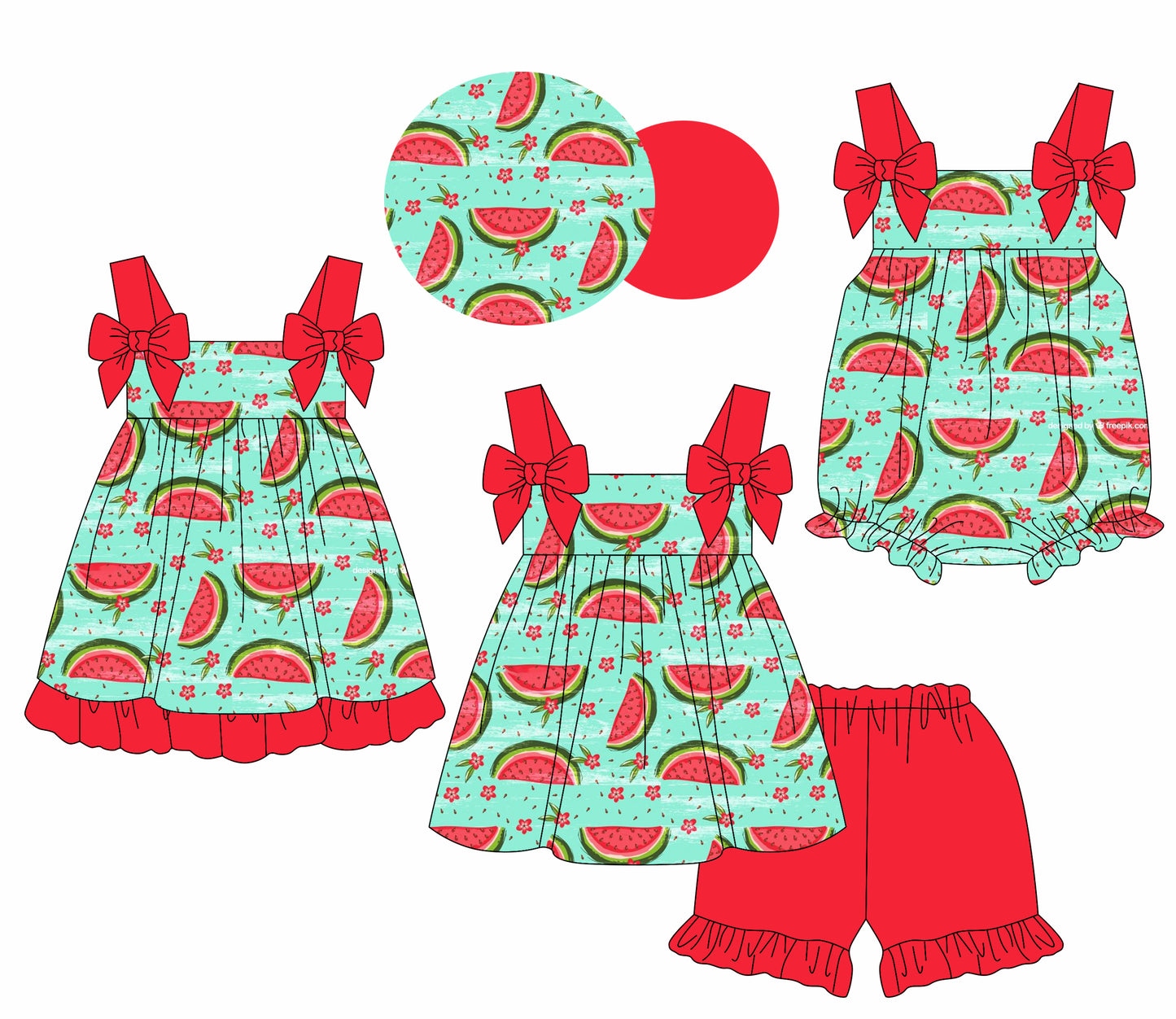 1.20 custom each style moq 5eta 4-6week Sibling Sisters watermelon baby girl short sleeve shorts sets and dress and rompers match family design