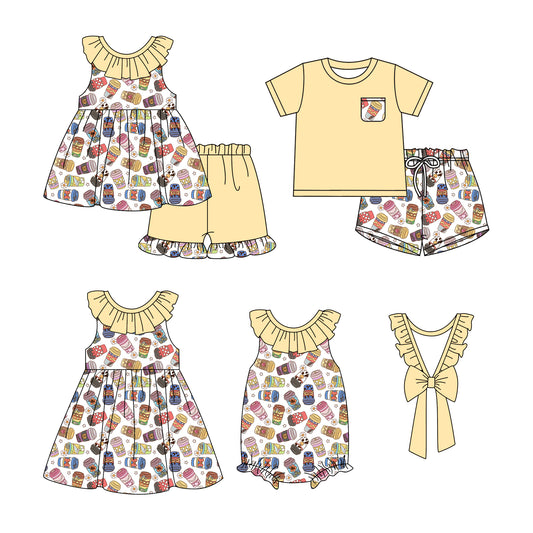 1.10 custom each style moq 5eta 4-6week Sibling Sister baby girl short sleeve shorts sets and dress and rompers match family design